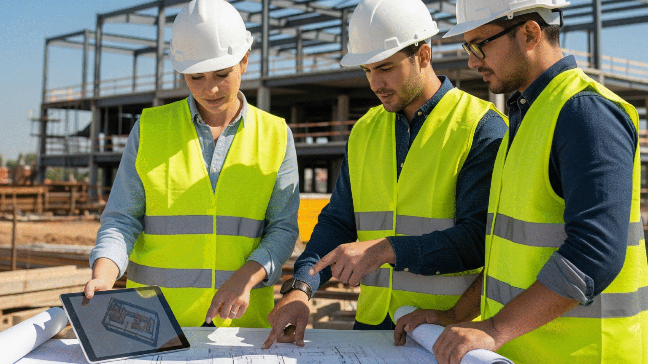 Construction workers in hard hats inspecting ground conditions on a project site