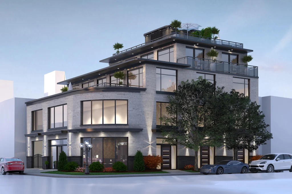 Modern multi-story residential building with large glass windows, balconies, and a rooftop terrace with greenery.