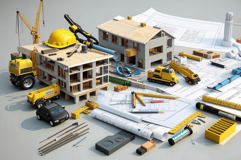 Scale-model construction site with hard hat, cranes, concrete building, blueprints and tools on a drafting table.