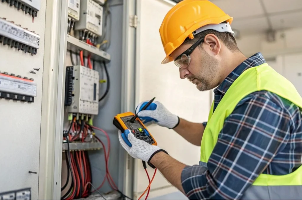 Electrician in a hard hat and high-visibility vest tests an electrical panel with a handheld multimeter.