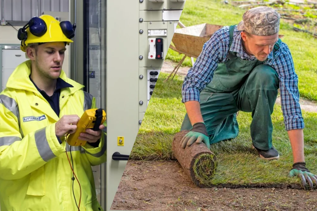 Worker in high-visibility jacket and hard hat uses a handheld tester beside an electrical panel (indoor site).