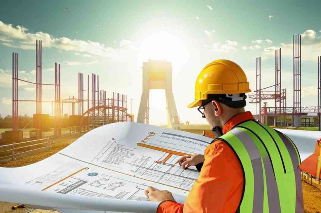 Construction worker in a yellow hard hat and neon vest reviews blueprints on a large rolled plan at a building site during sunset.