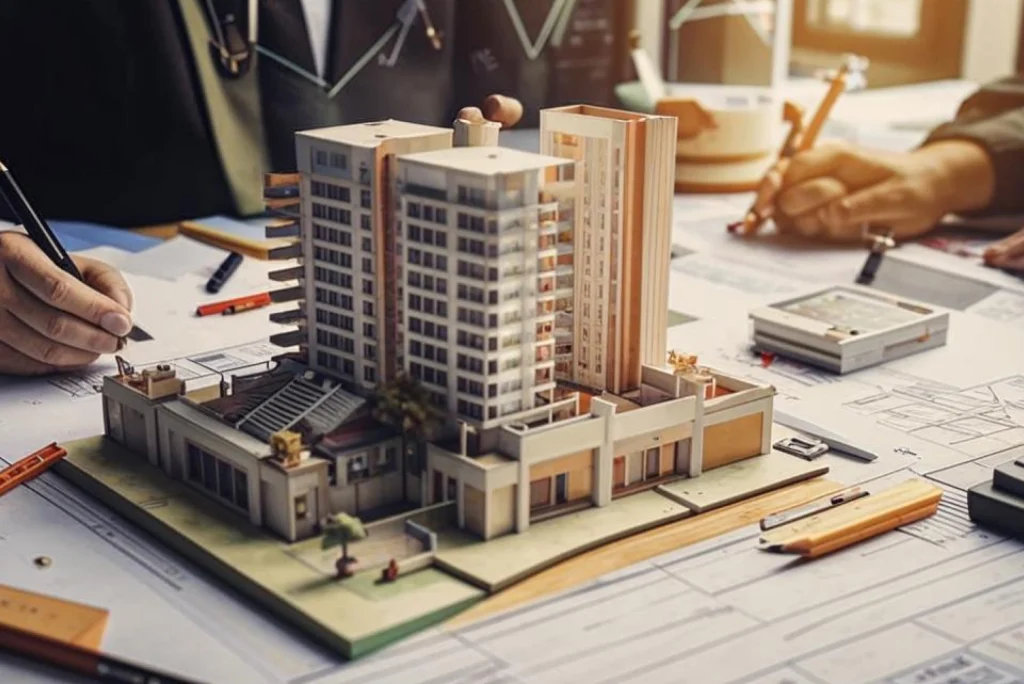 Architectural scale model of a modern multi-story complex placed on blueprint plans, with hands drawing and drafting tools around it.