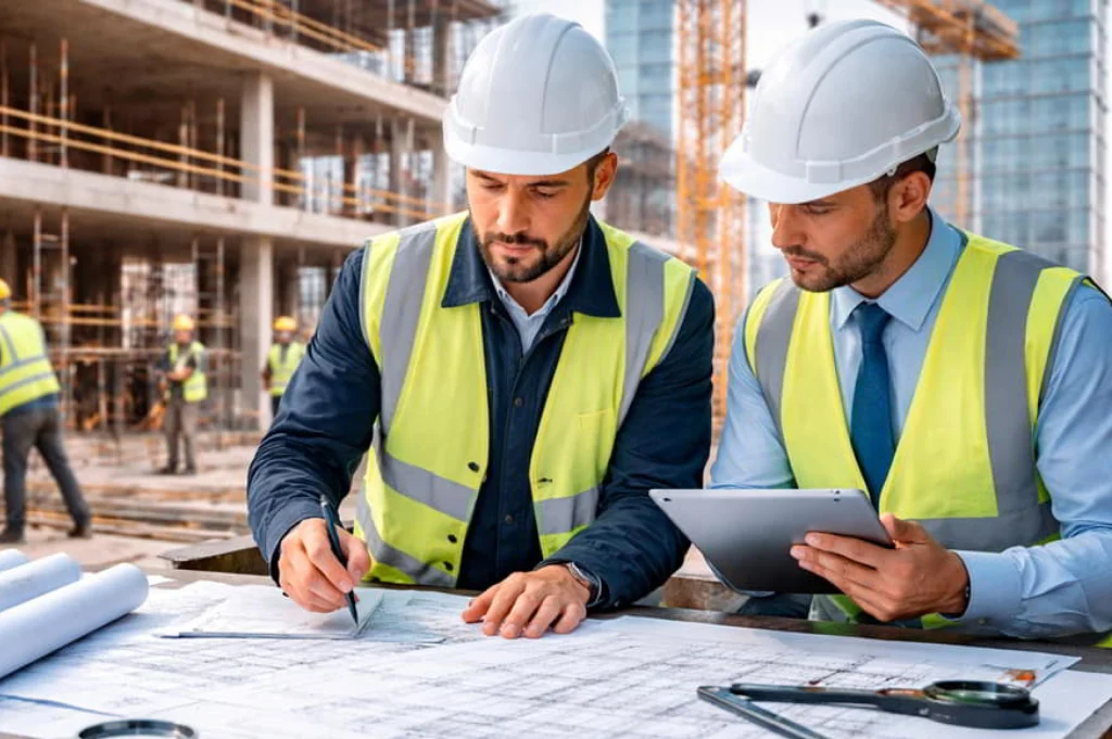 Two construction workers in hard hats and high-visibility vests review blueprints at a building site, one sketching on paper and the other holding a tablet.