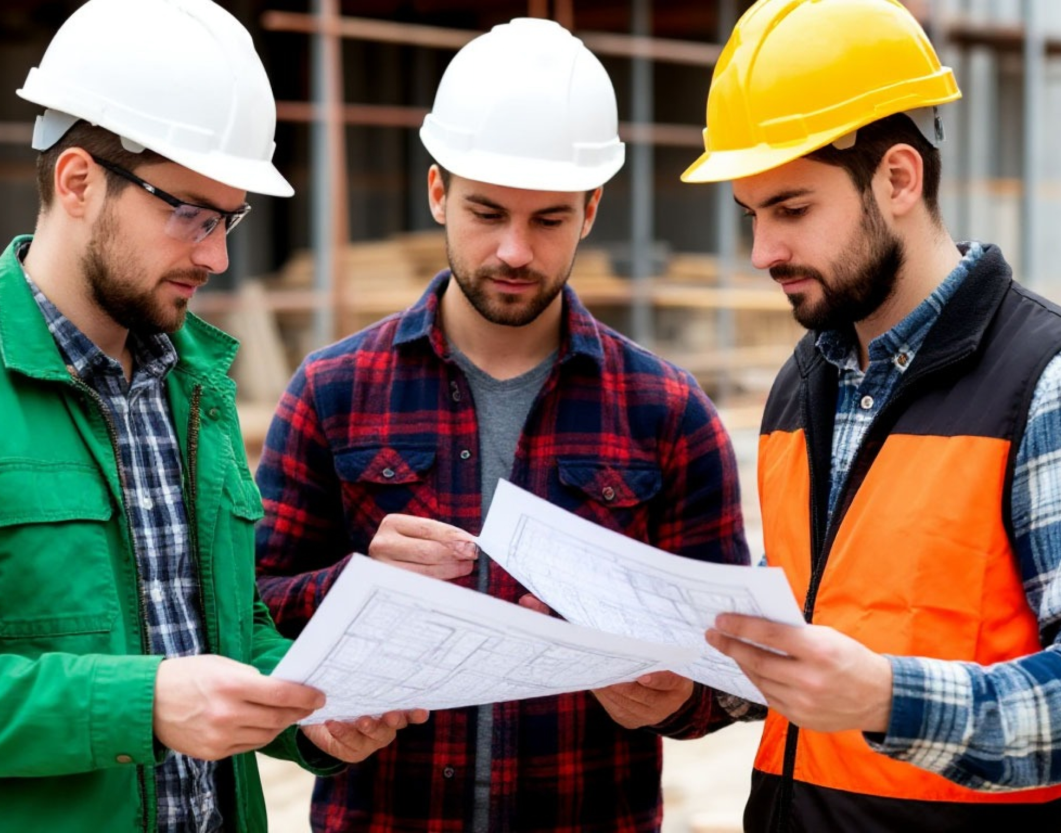 Three construction workers wearing hard hats study blueprints together on a building site, planning a project.