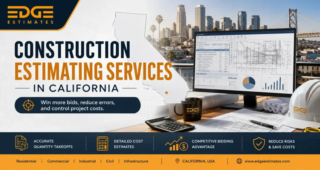 Professional construction estimator reviewing blueprints on a California job site