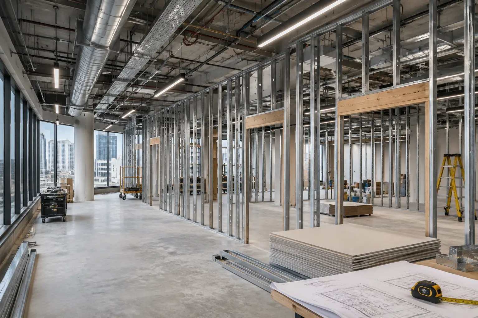 ChatGPT Image Aug 6 2026 03_57_54 AM - Edge Estimates - Edge Estimates Open-concept office under construction with metal stud walls, exposed ductwork, and large windows overlooking the city skyline .2-3 skyscrapers visible in distance.